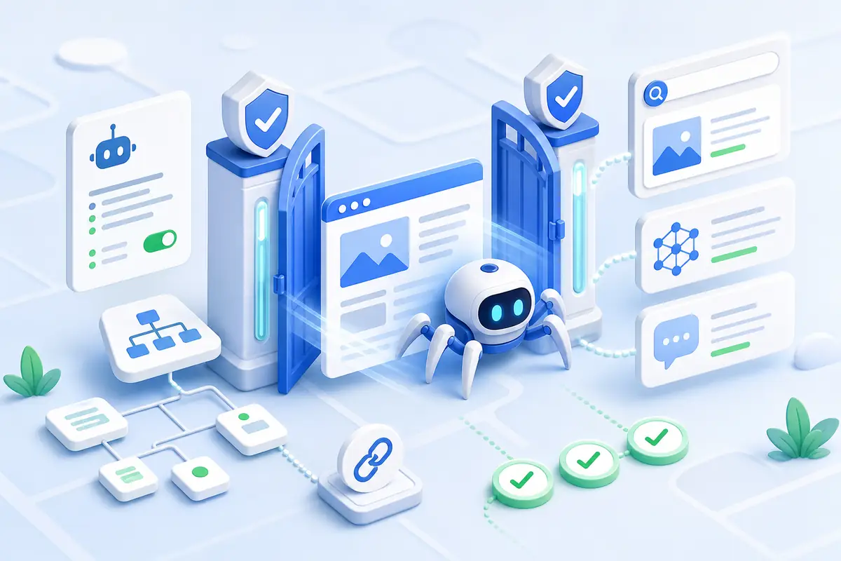 AI crawler passing through secure website access gates with sitemap and indexability checks