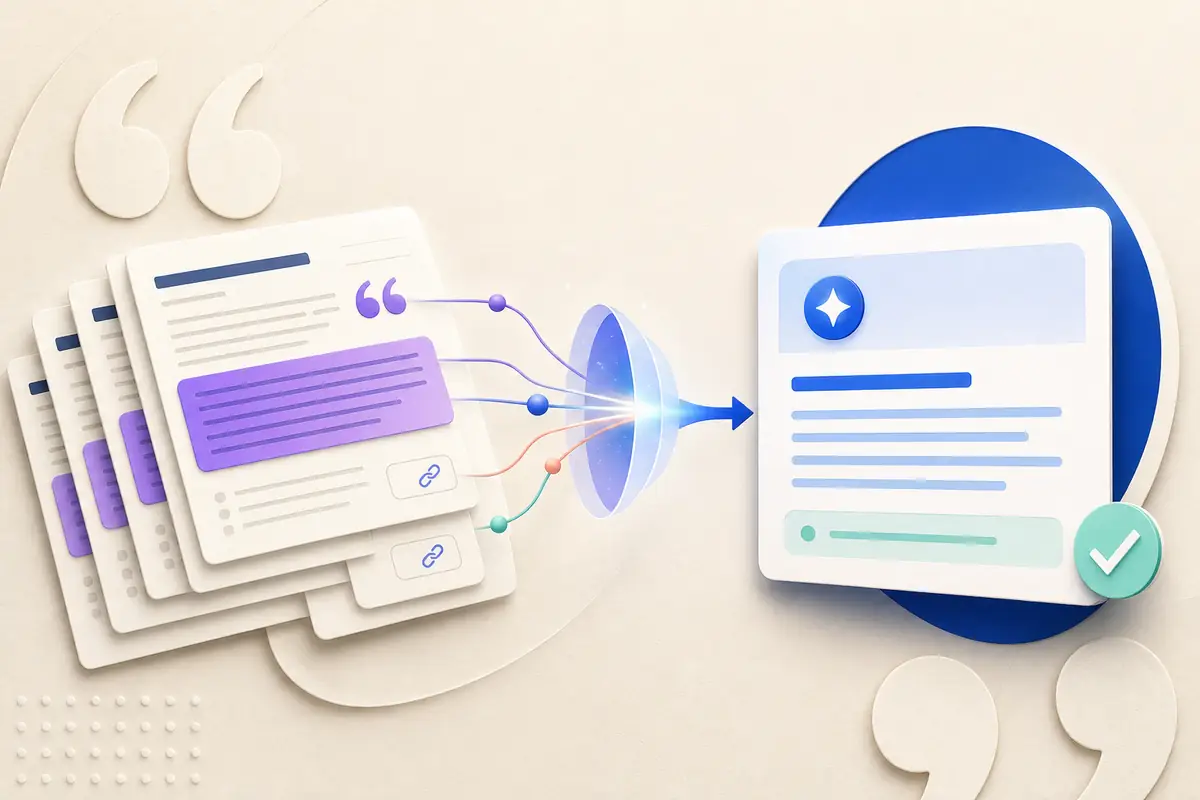 Evidence-rich research pages becoming a clear verified AI answer with citation links