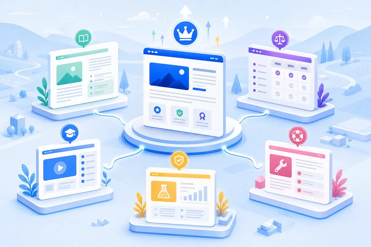 Authoritative website content hub connected to distinct guides, comparisons, tutorials and evidence pages